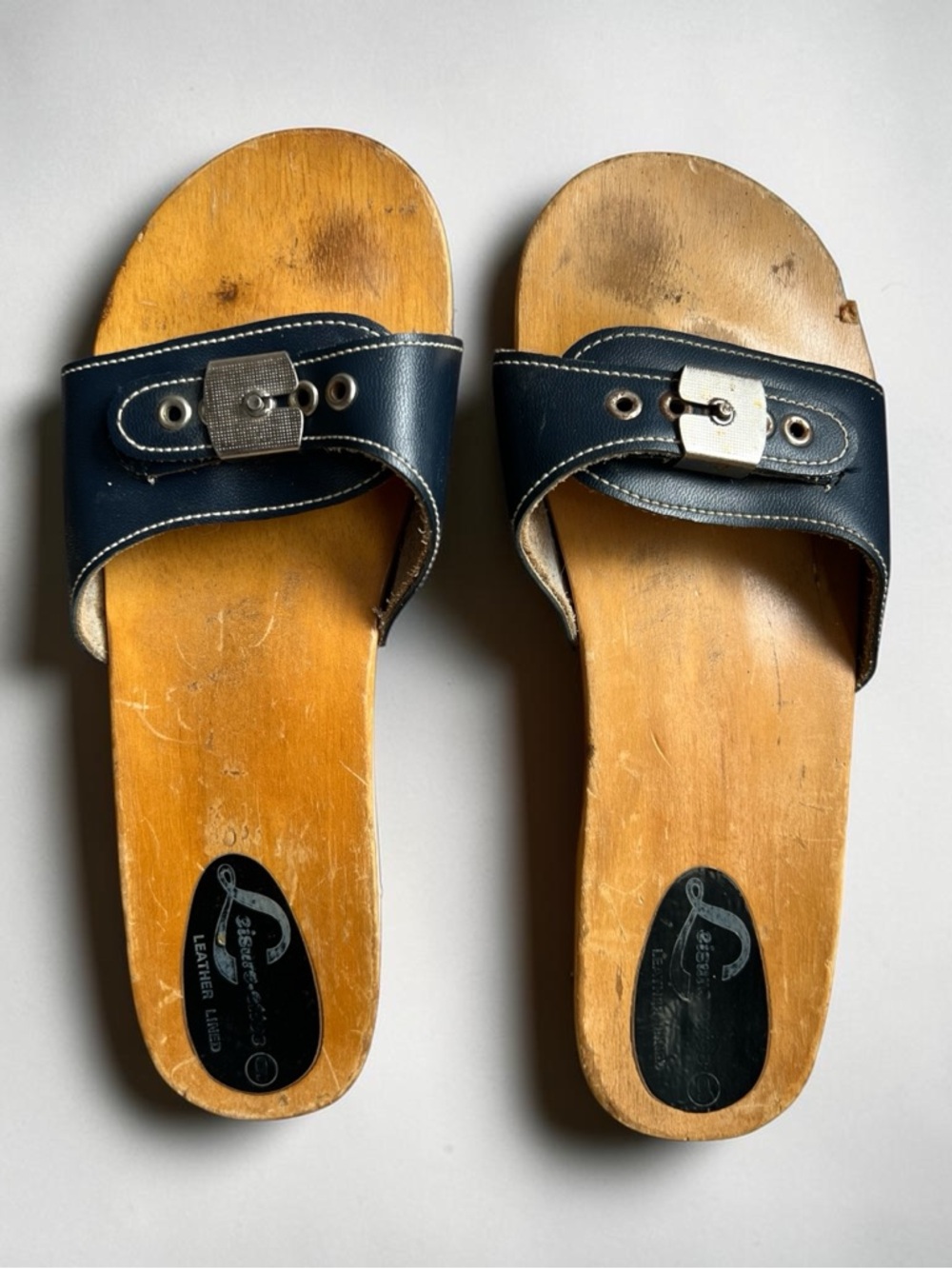 Vintage Wooden Sandal Slides Blue Leather Buckle 1970s Dr. Scholl’s Style